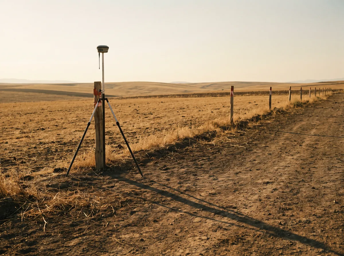 A GNSS survey pole set on a stake at the corner of a parcel