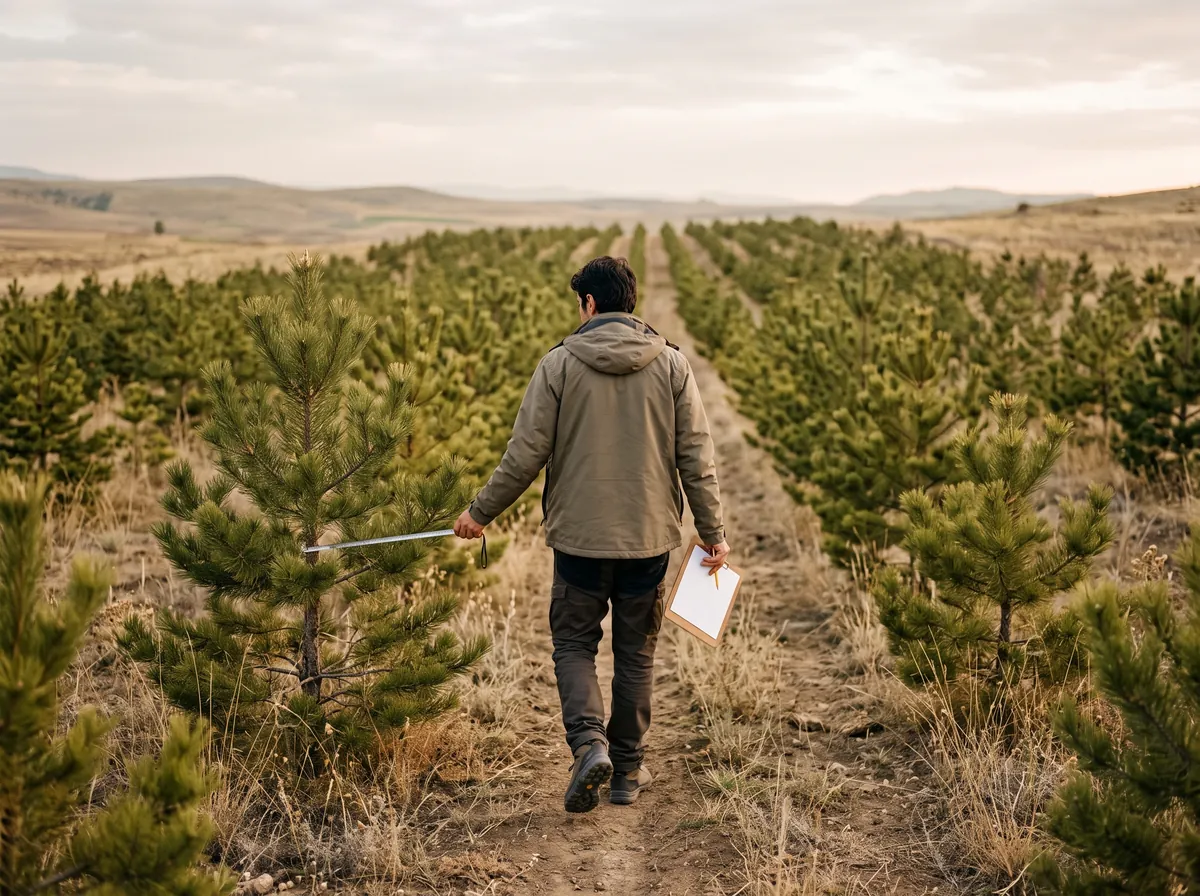 An auditor with a diameter tape and clipboard walking among five-year-old pines