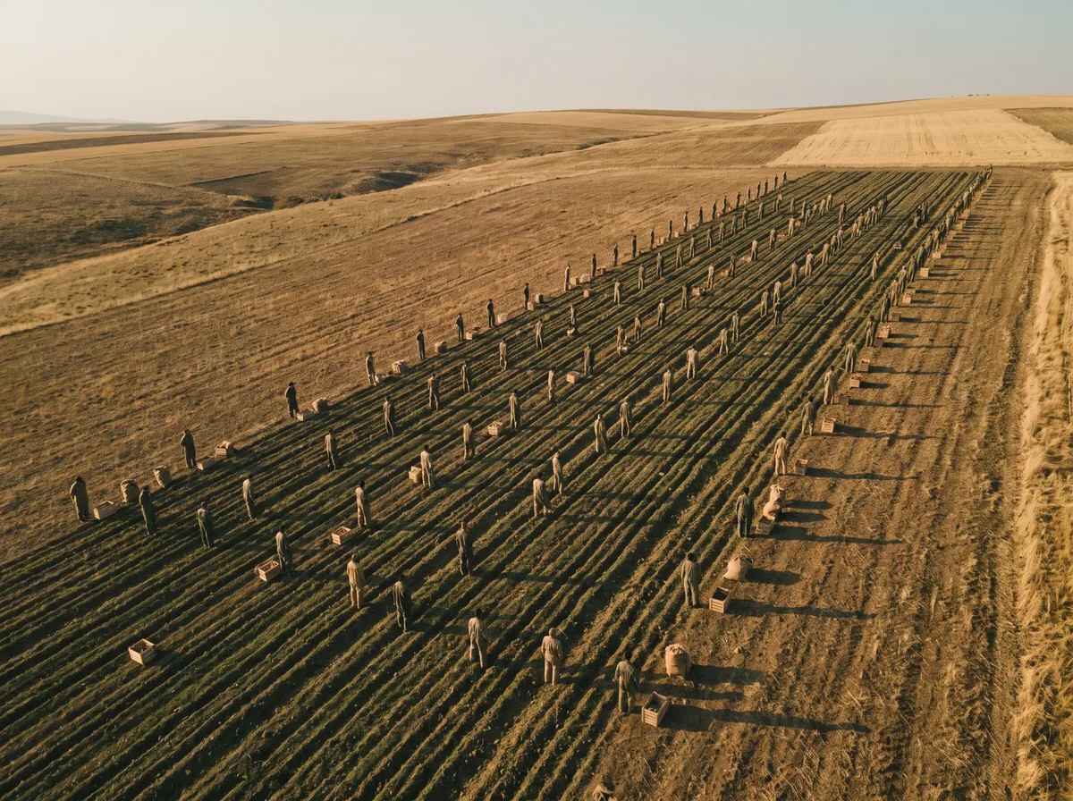 Aerial view of a crew planting in parallel rows across a wide slope