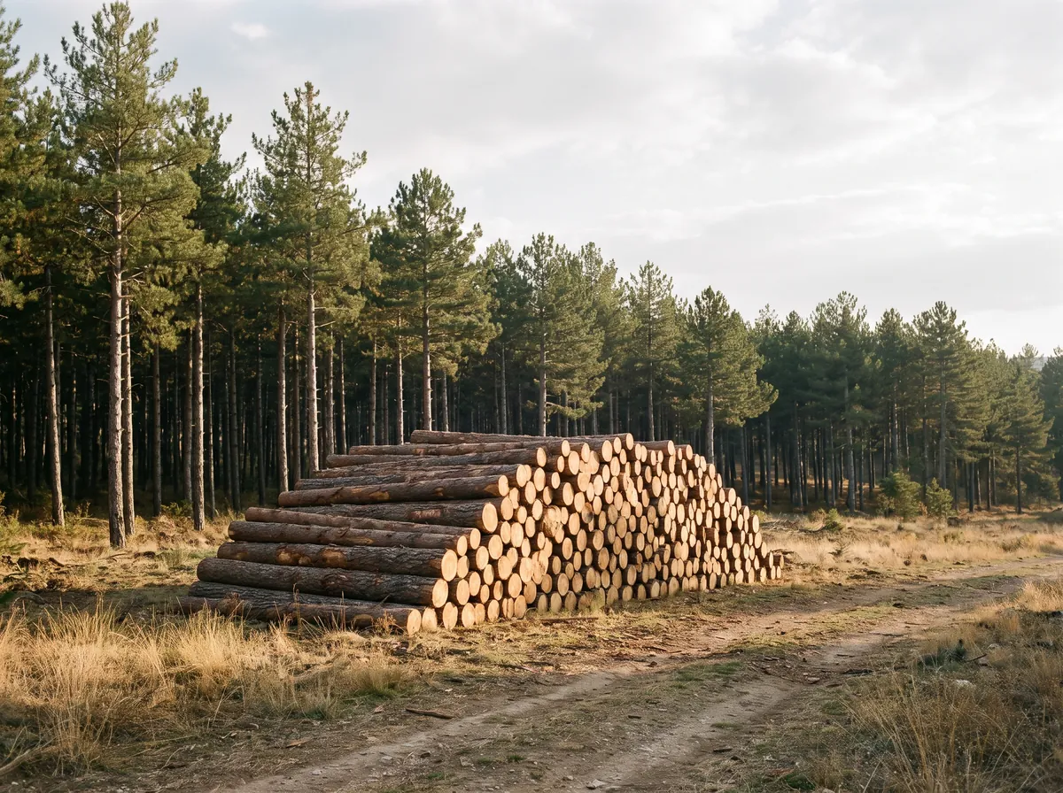 Stacked pine logs at the edge of a mature plantation