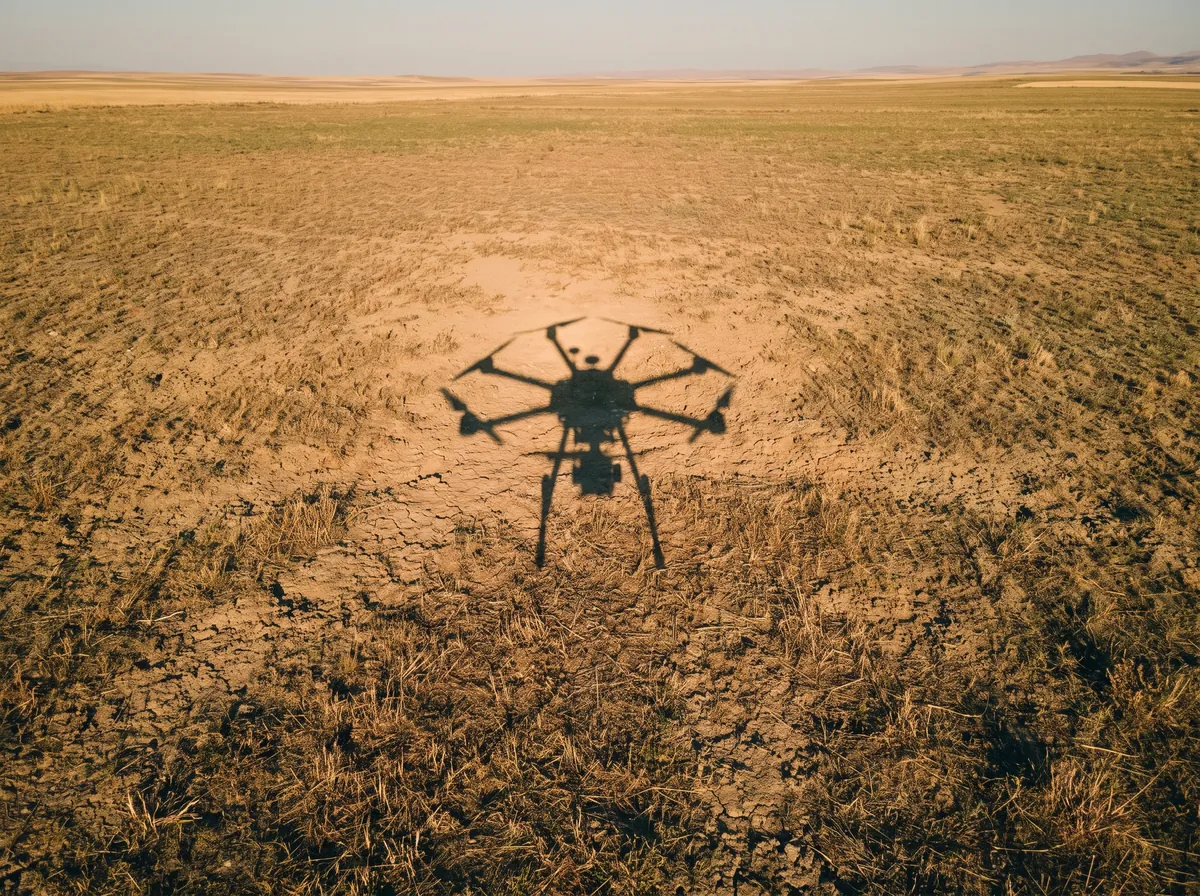 The shadow of a drone falling across bare steppe