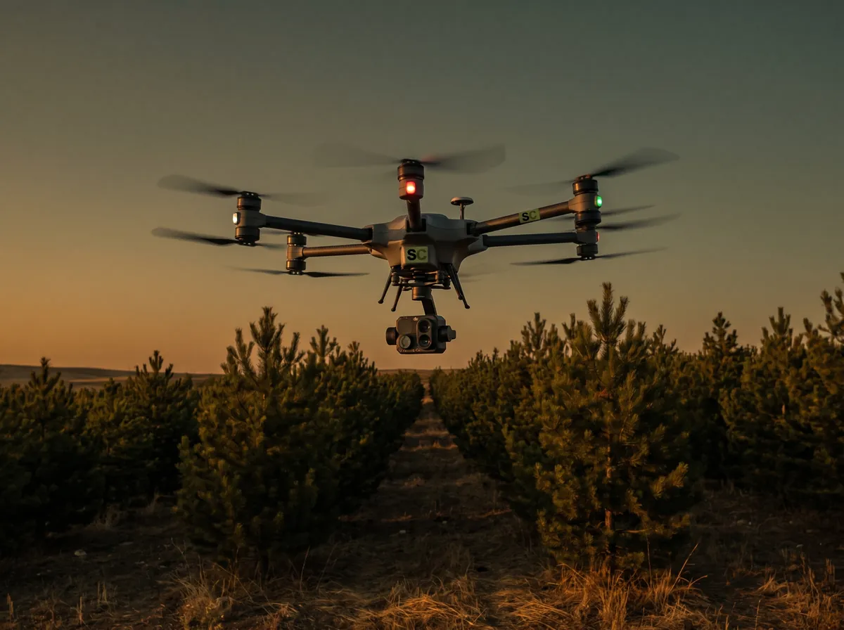 A mapping drone flying over young pine rows at dusk
