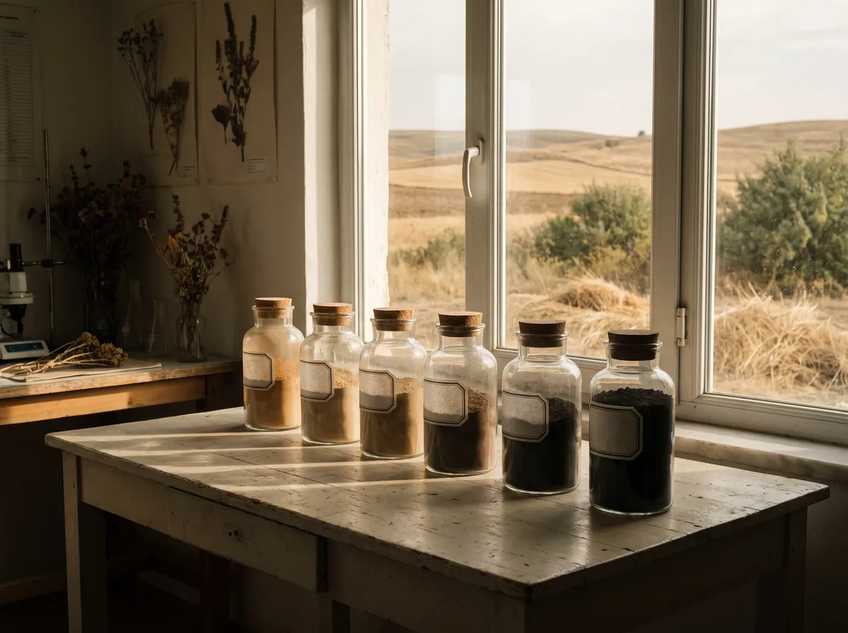 Soil sample jars arranged from pale to dark
