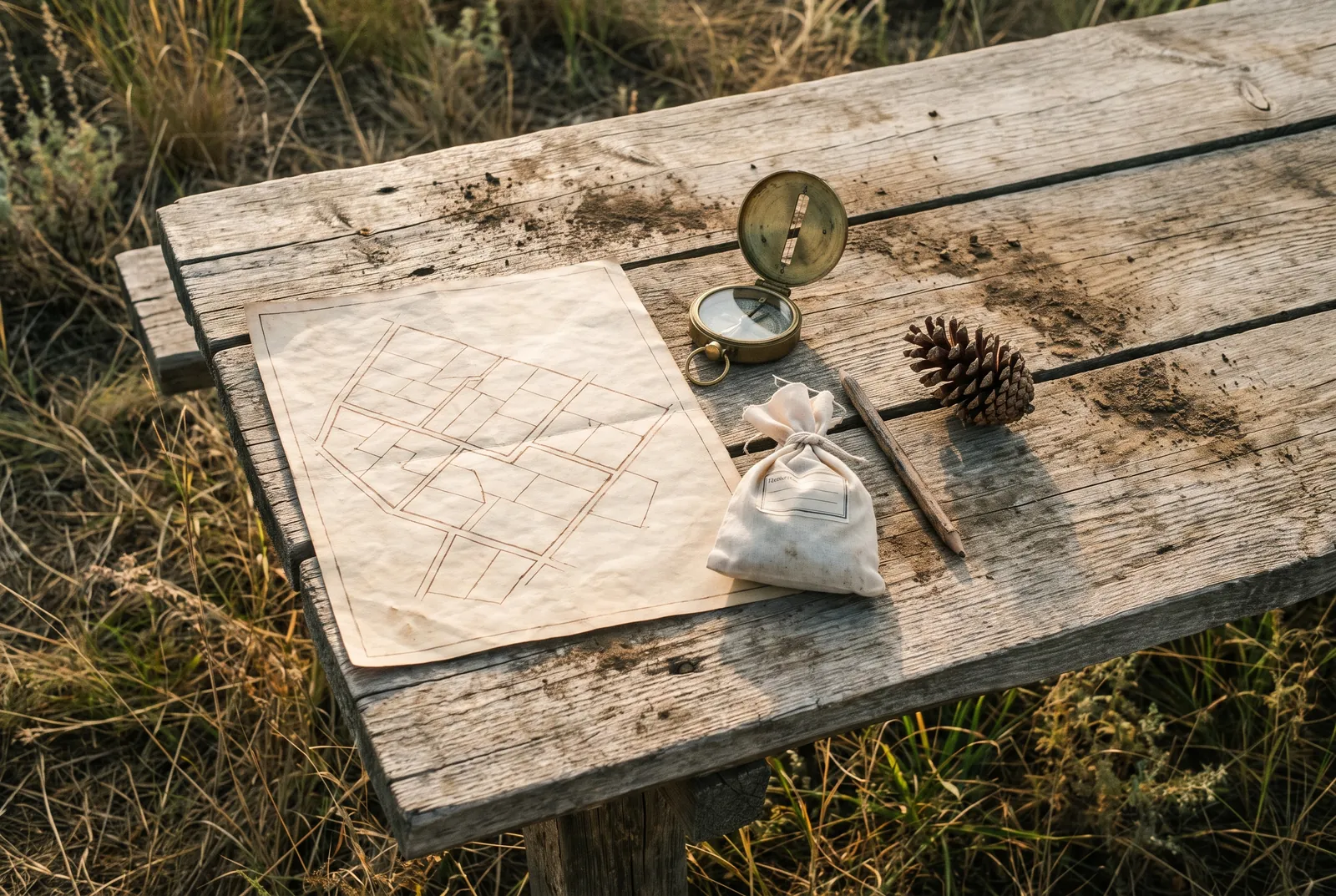 A cadastral map, compass, soil sample bag and pine cone on a wooden table