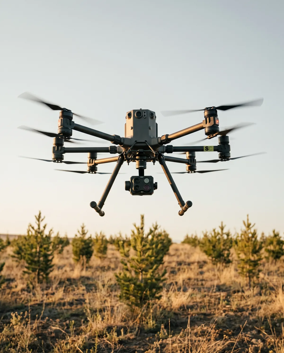 A mapping drone flying over a young afforestation site