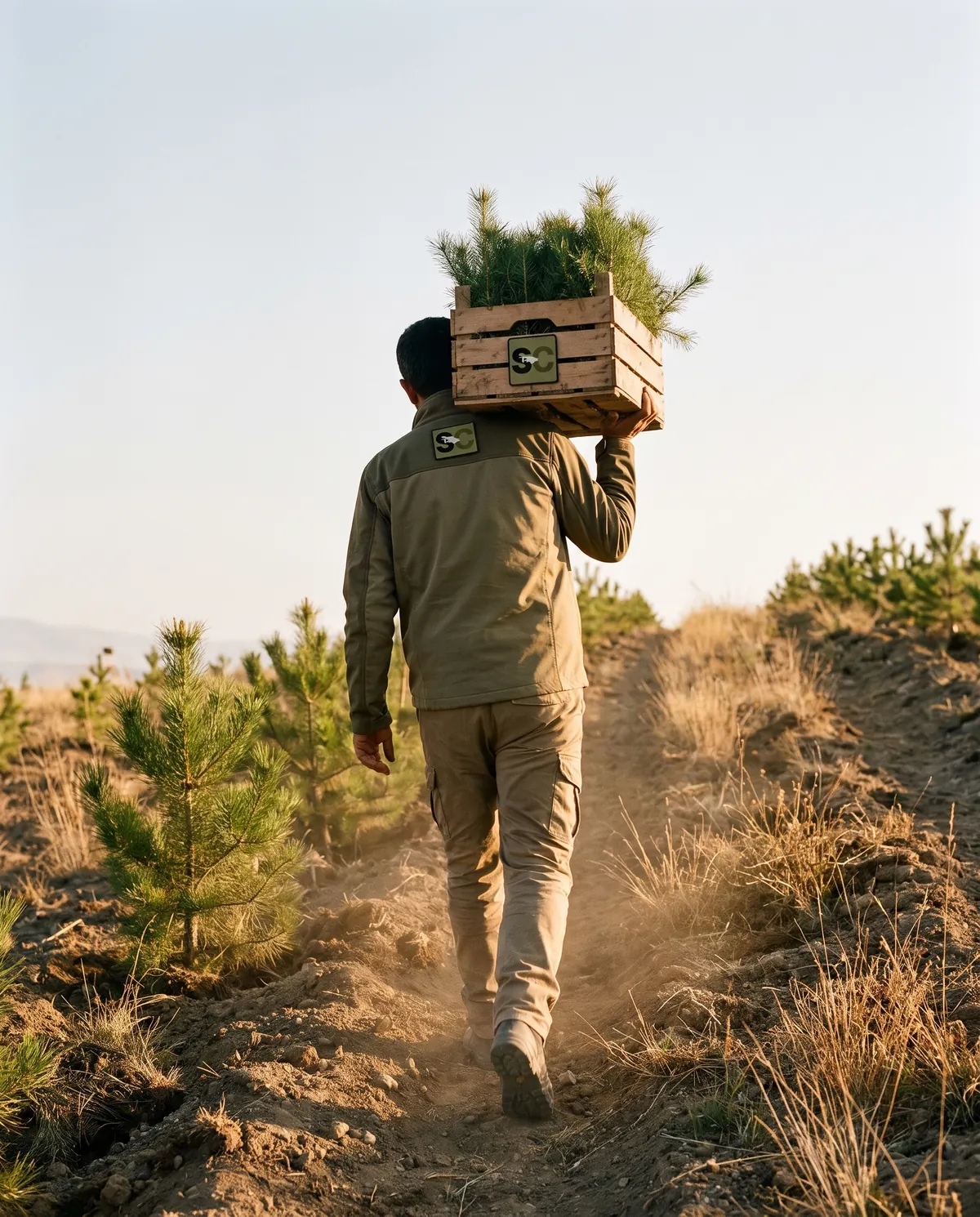 A field worker carrying a crate of seedlings along a freshly planted row