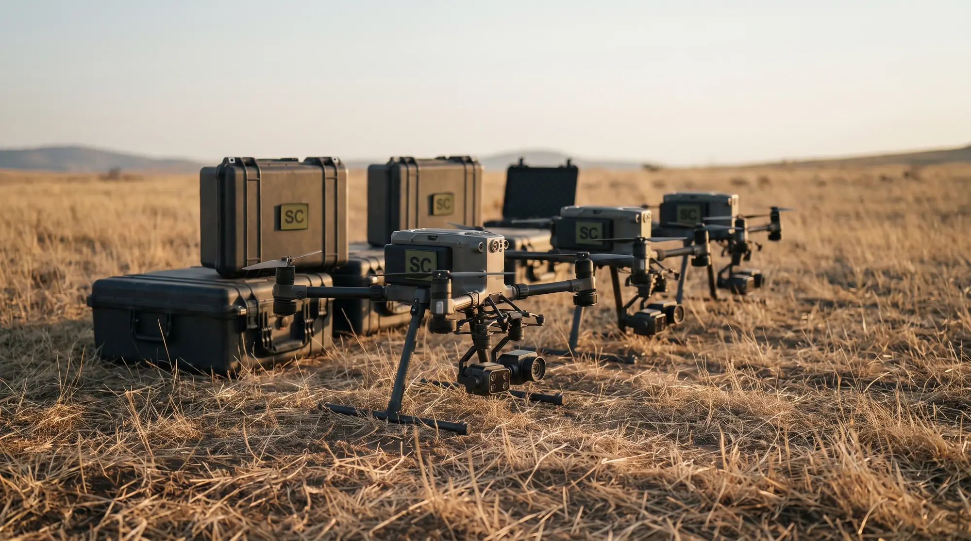 Mapping drones and carrying cases lined up ready for flight
