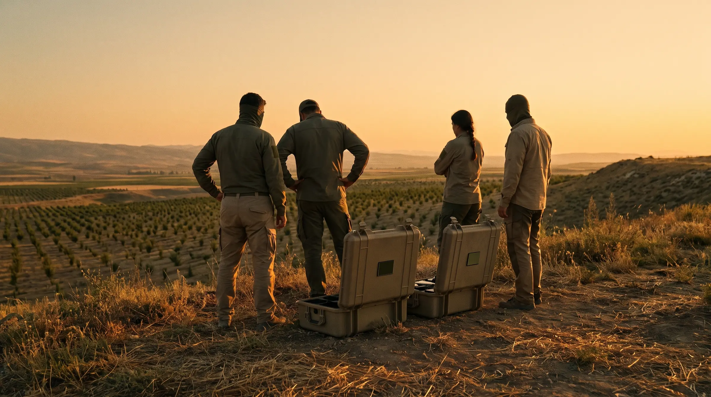 At dawn, the crew beside drone cases on a ridge above a planted valley