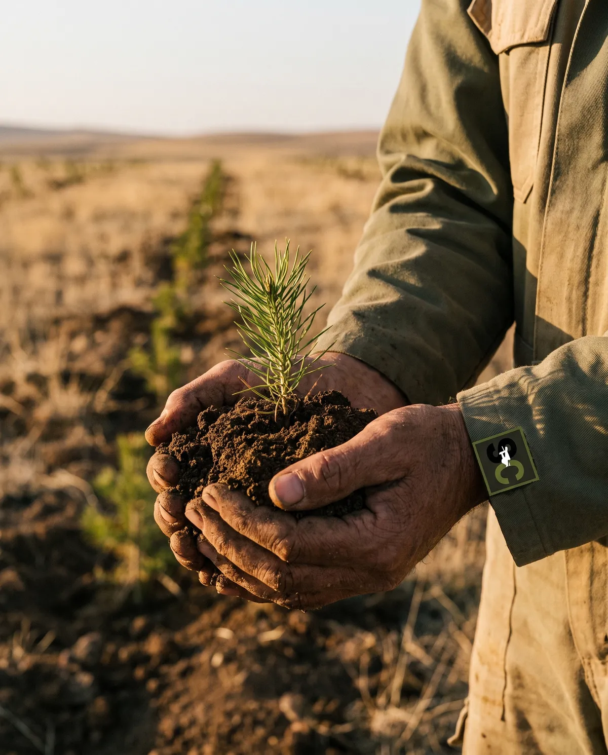 Cupped hands holding soil with a single pine seedling
