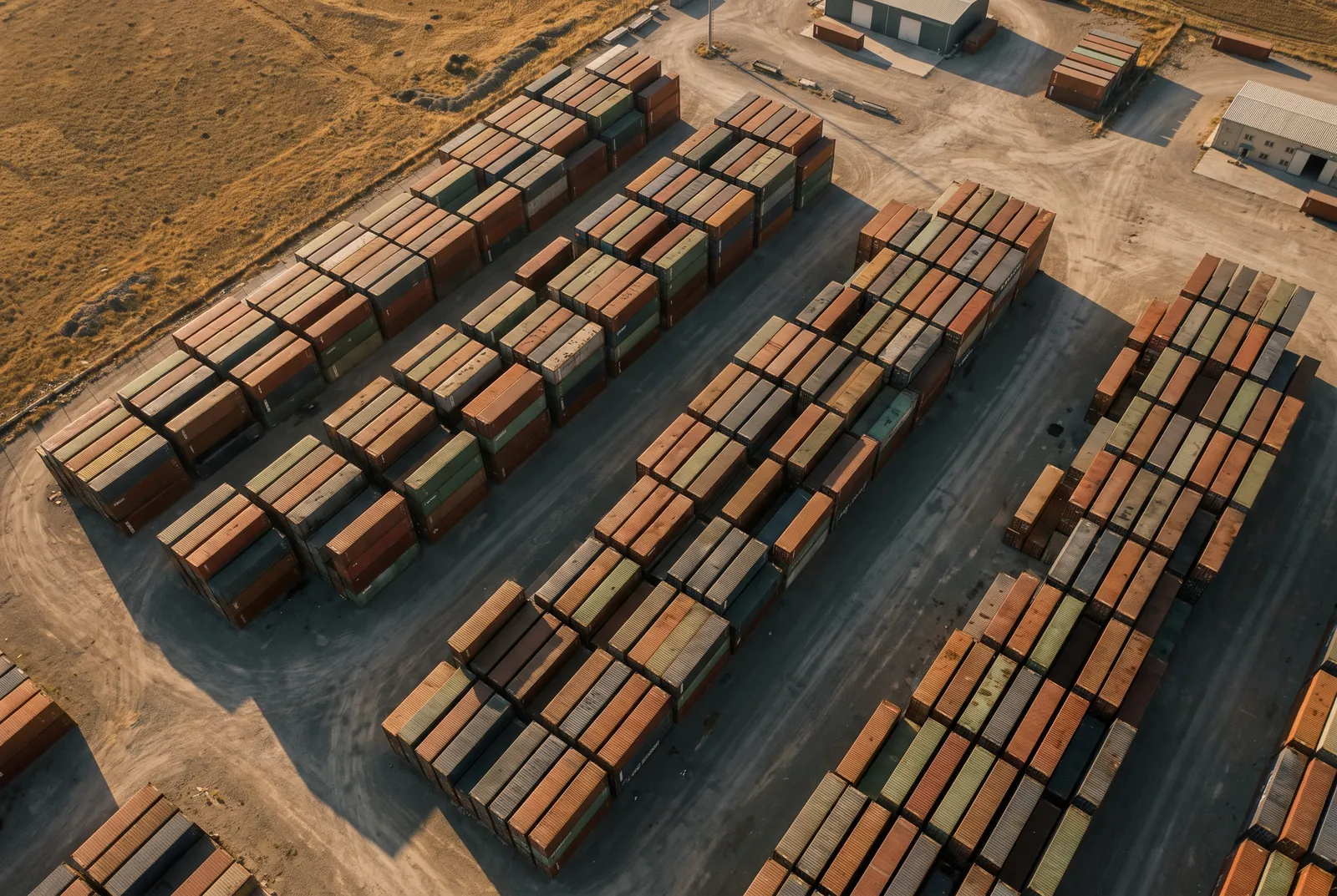 Top-down view of stacked containers at a port