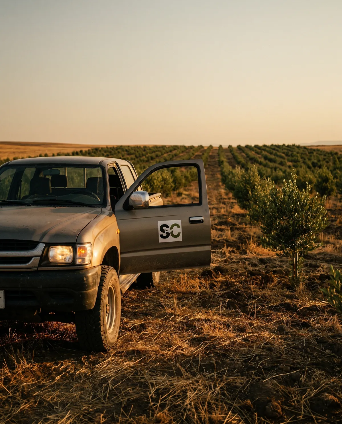 A field vehicle with its door open at the edge of a young plantation at dusk
