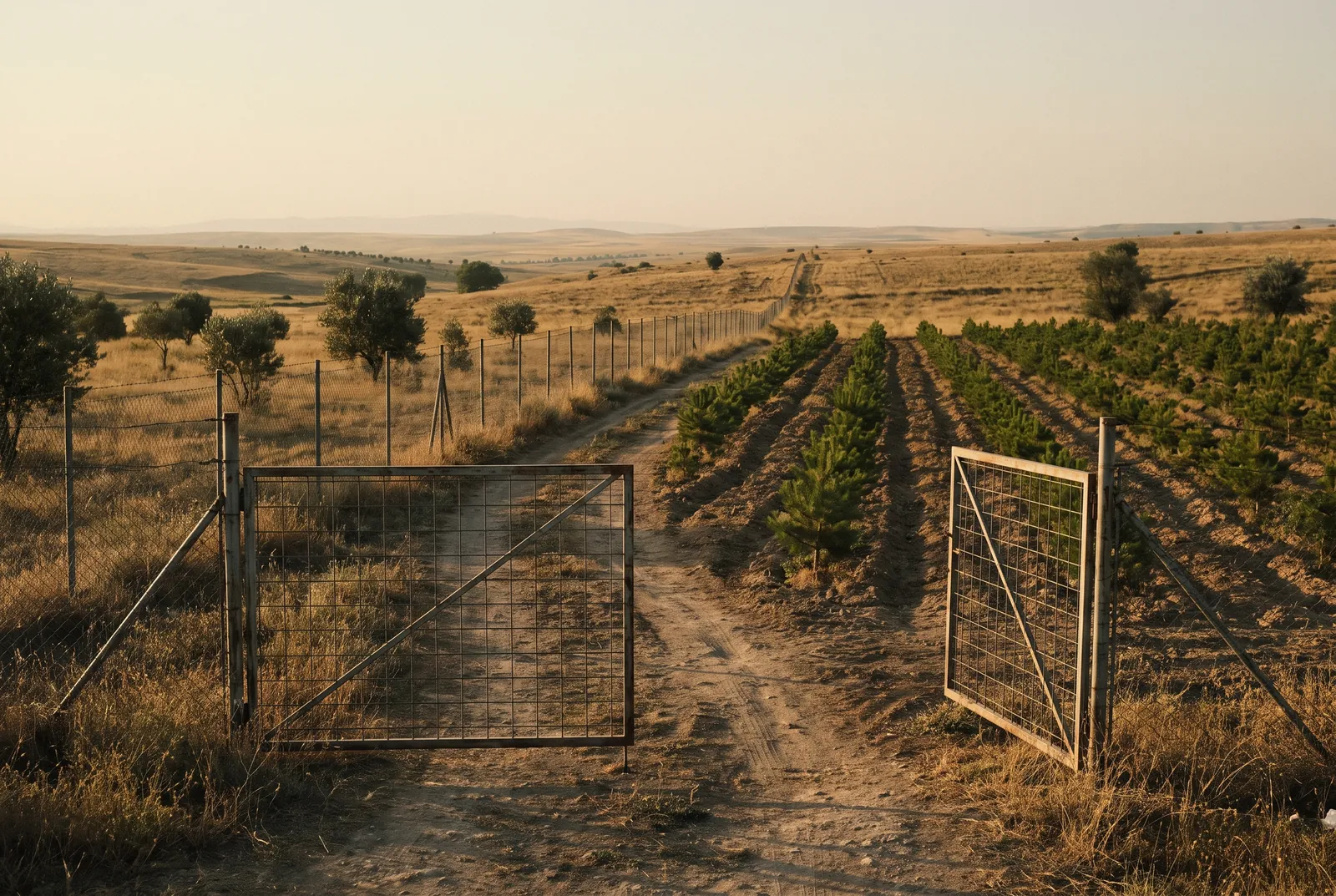 An open gate in a long fence line with young sapling rows beyond