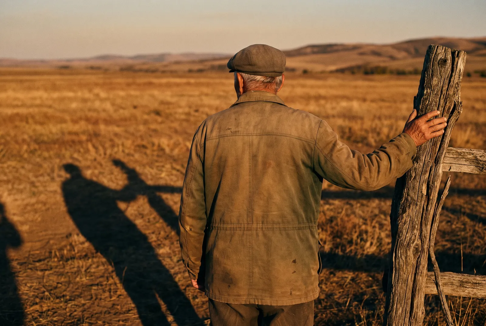 An older landowner seen from behind, hand on a fence post, looking over his land