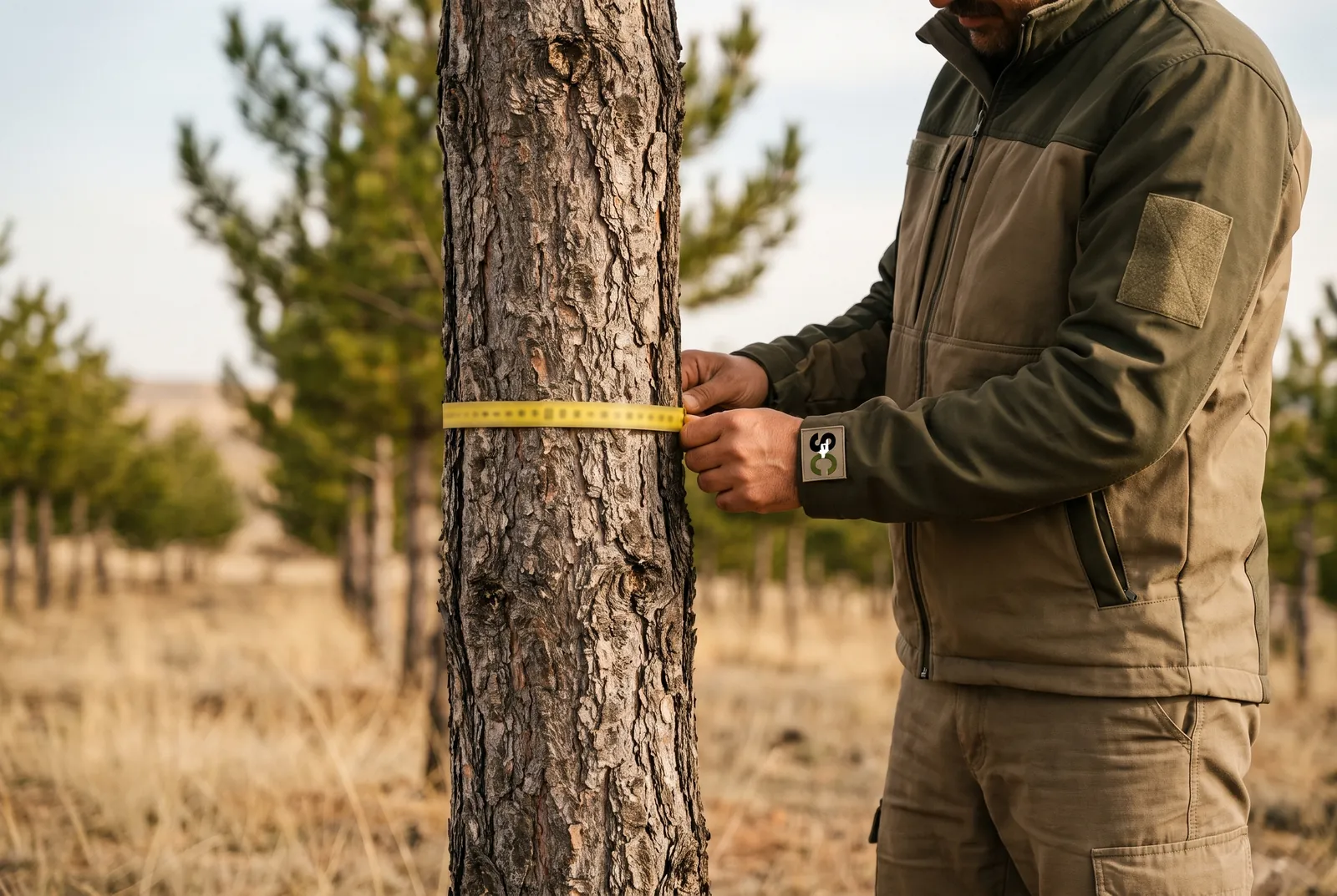 A forester wrapping a diameter tape around a young pine at chest height