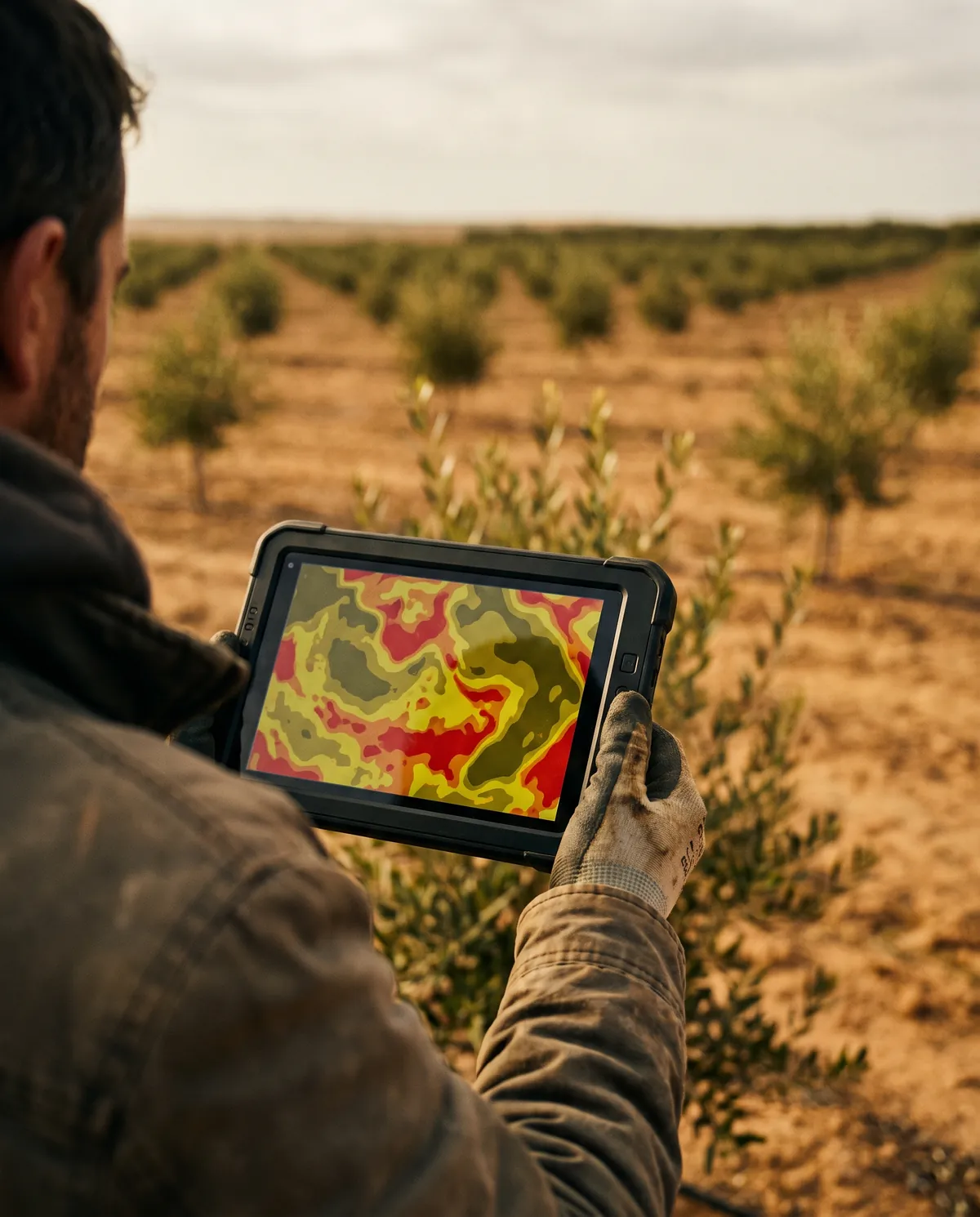 A tablet in the field showing a false-colour vegetation map