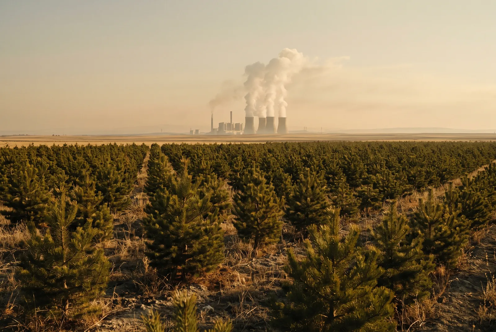 Young pine rows in front, an industrial plant releasing steam in the distance