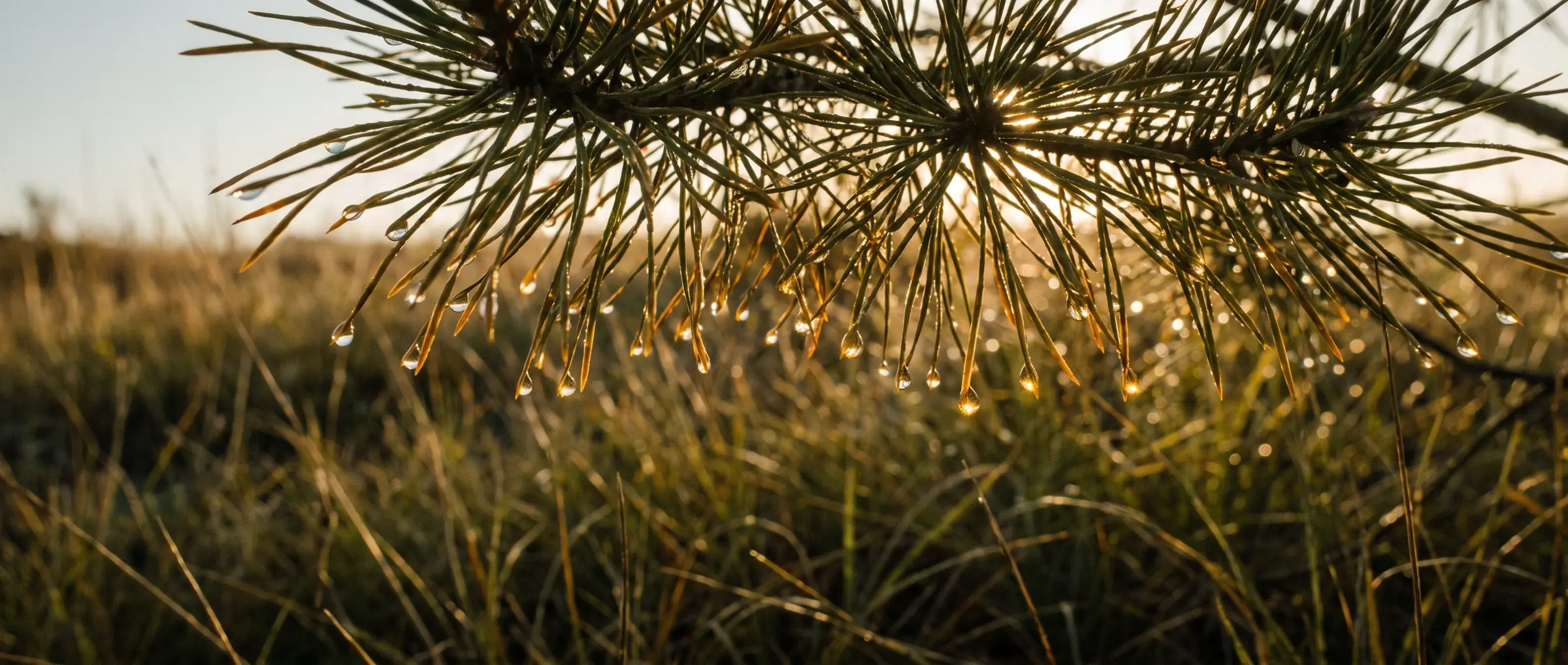 Pine needles covered in morning dew