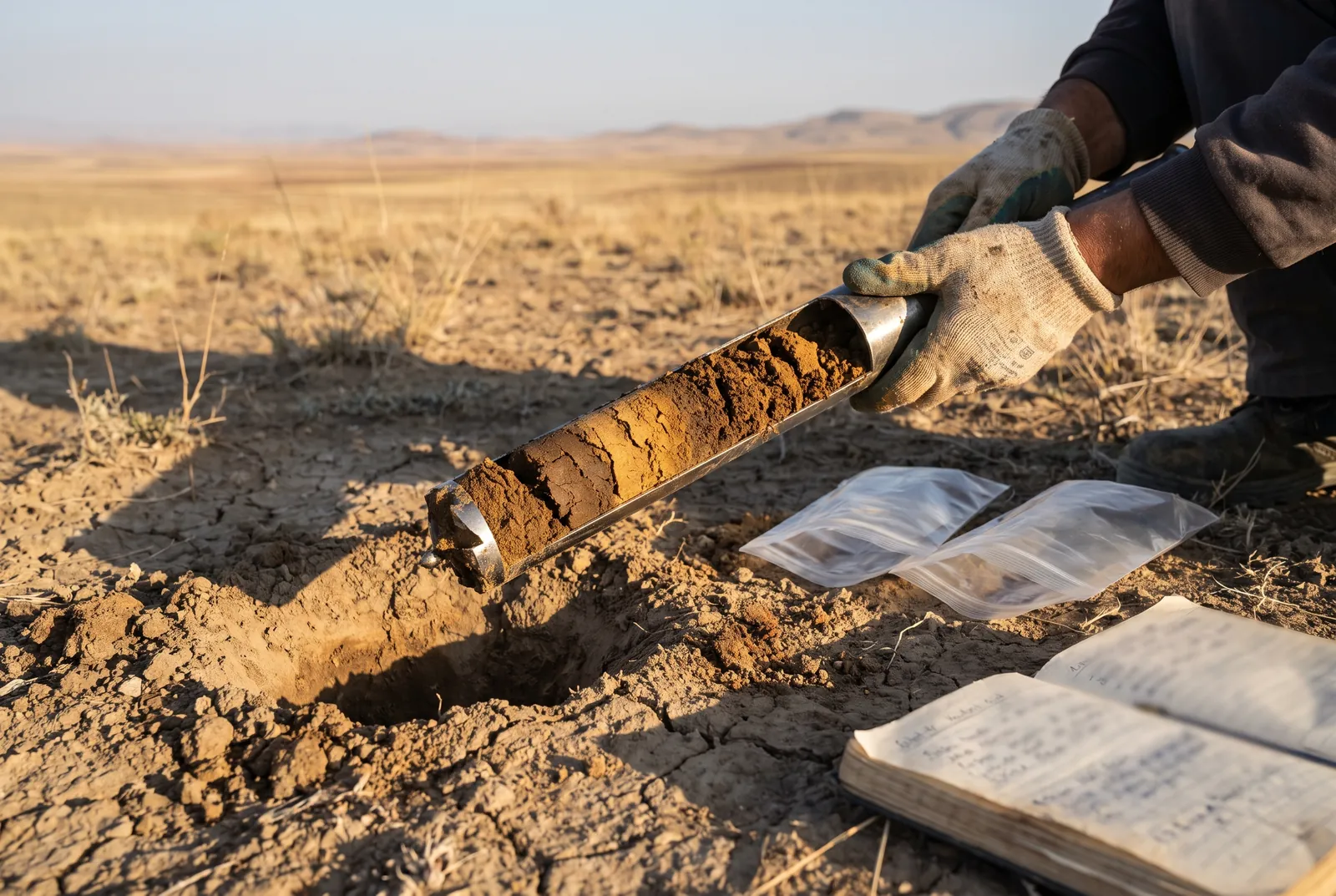 A technician taking a soil core sample on site